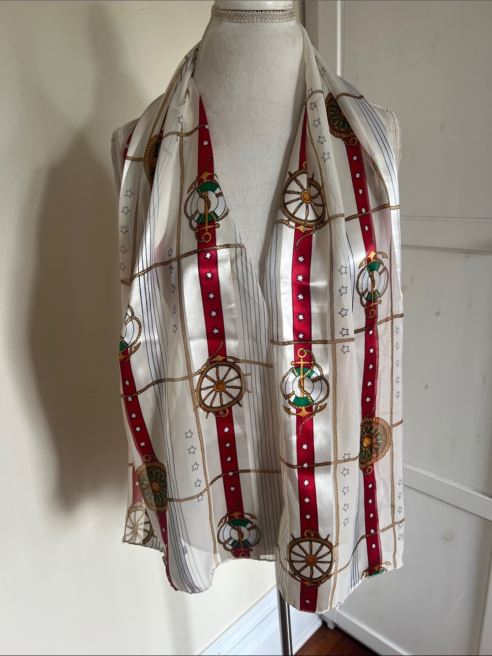 Vintage Nautical Coastal Ship Wheel Anchor Long Oblong Scarf White Red Gold